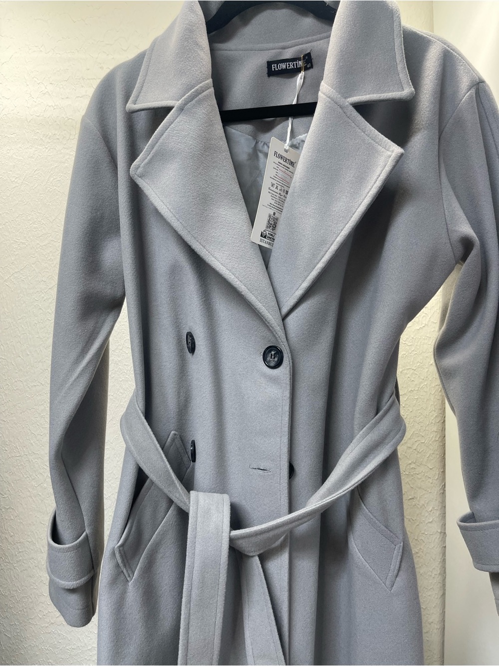 Flowertina Women's Light Gray Belted Trench Coat